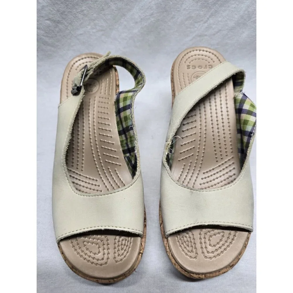 CROCS A-Leigh Beige Cork Wedge Sling Back Sandals Womens Size 7 - Picture 9 of 11